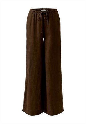 Pantalon large en lin marron avec taille élastique et cordon de serrage, conçu pour une coupe décontractée.