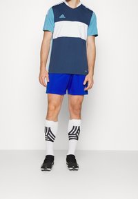 Adidas sportströja med mörkblå, ljusblå och vita ränder, kombinerad med blå shorts. Svarta fotbollsskor och vita strumpor med svarta ränder.