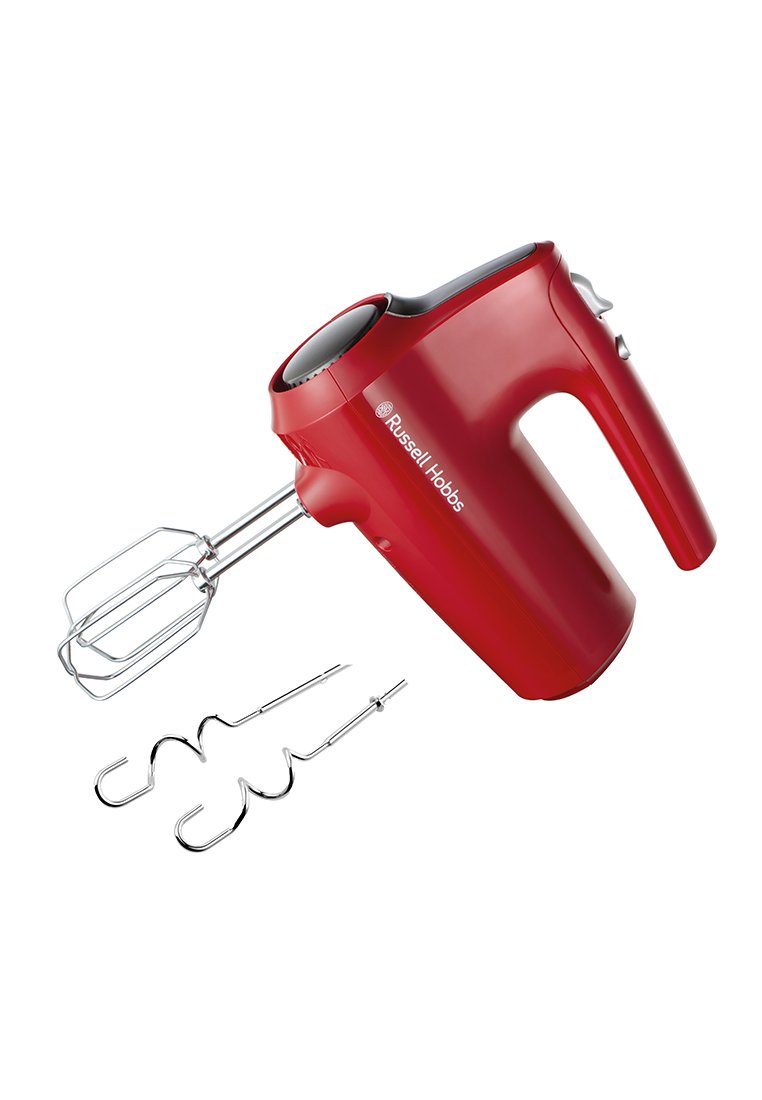 Rode elektrische handmixer met een gebogen ontwerp, voorzien van een zwarte accrochage en chrome kloppers. Inclusief twee chrome deeghaakjes.