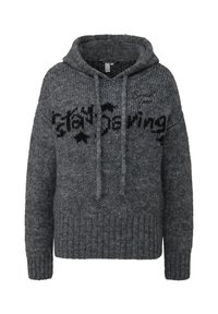 Dark grey knitted hoodie with drawstrings, ribbed cuffs and hem, featuring black text "Stay Strong" and small script "Break free" on the chest.