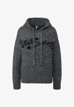 Dunkelgrauer Strickhoodie mit Kordelzügen, gerippten Bündchen und Saum, versehen mit schwarzem Text "Stay Strong" und kleiner Schrift "Break free" auf der Brust.