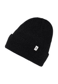 Black knitted beanie featuring a textured pattern and a small tag on the front. The design is slouchy with a folded brim.
