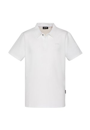Polo blanc à manches courtes avec patte à deux boutons, col classique, et logo Schott discret sur la poitrine ainsi qu'une étiquette latérale.