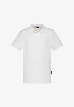 Polo blanc à manches courtes avec patte à deux boutons, col classique, et logo Schott discret sur la poitrine ainsi qu'une étiquette latérale.