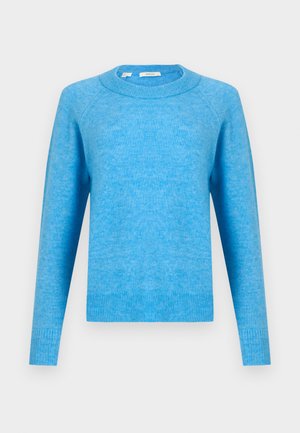 Pulover deschis albastru, cu gât în formă de cerc, cu mâneci lungi și manșete și tiv din material ribelastic, expus pe un fundal alb simplu.