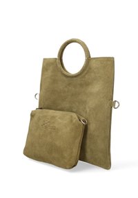 Borsa tote in suede verde oliva con manico arrotondato, design piatto e pochette staccabile con zip e logo stampato.