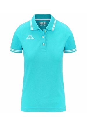 Polo shirt turchese in cotone, con colletto, patta con tre bottoni e strisce bianche a contrasto sulle maniche.