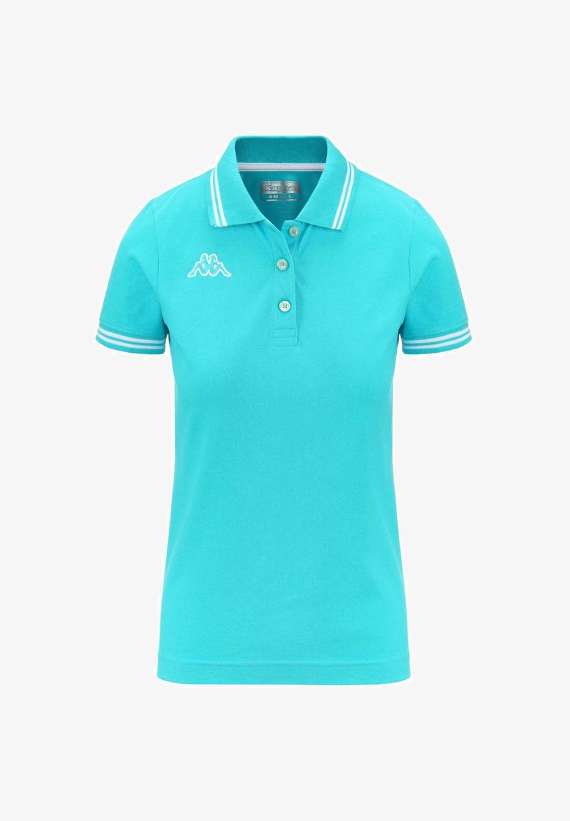 Polo shirt turchese in cotone, con colletto, patta con tre bottoni e strisce bianche a contrasto sulle maniche.