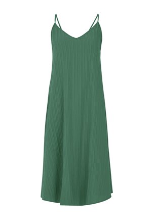 Groene mouwloze jurk met een V-hals, vervaardigd uit een textuurstof die een vloeiende silhouet creëert. Verstelbare spaghetti-bandjes.