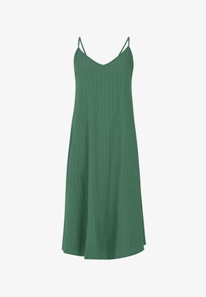 Robe sans manches verte avec un décolleté en V, présentant un tissu texturé qui crée une silhouette fluide. Bretelles spaghetti réglables.