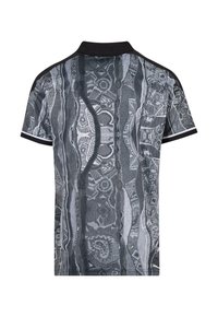 Rövid ujjú polo ing fekete gallérral, hátul absztrakt függőleges szürke és fekete mintázattal.