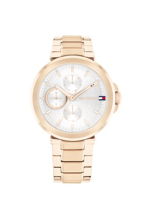 Montre en métal rose gold avec un cadran texturé argenté-blanc, trois sous-cadrans et des accents en cristal, dotée d'un bracelet à maillons.