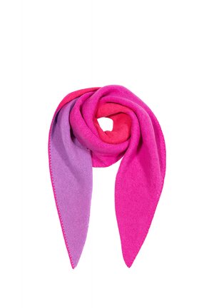 Weicher Fleece-Schal gedreht, zeigt eine Seite in leuchtendem Pink und die andere in hellem Lila mit genähten Kanten.