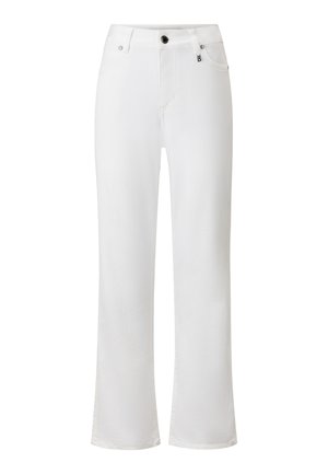Pantalons en denim blanc avec une coupe droite, dotés d'une fermeture à bouton sur le devant et de détails de couture subtils.