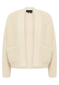 Cremefarvet cardigan lavet af fluffy materiale, med en afslappet pasform, åbent forside og to forreste patch-lommer. Struktureret overflade.