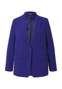 Fialový blazer s jediným knoflíkem, klopovými límečky a dvěma předními kapsami. Podšívka má jemný vzor.