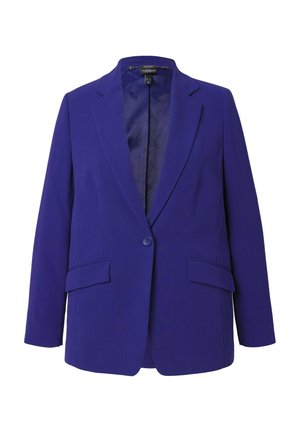 Fialový blazer s jediným knoflíkem, klopovými límečky a dvěma předními kapsami. Podšívka má jemný vzor.
