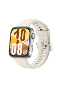 Smartwatch with a square display, metal frame, beige silicone strap, large digital numbers, and date indicator on a multicolored background.