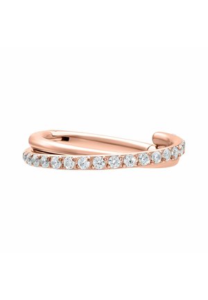 Rose gold hoop earring with a row of round clear diamonds along the outer edge, set against a white background.