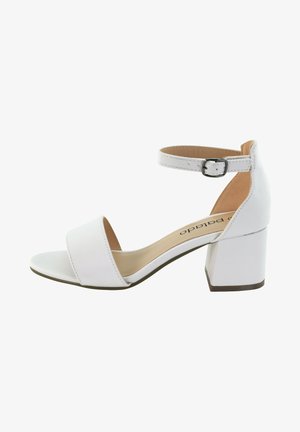 White open-toe sandal featuring a wide strap across the foot, an ankle strap with a silver buckle, and a block heel. Smooth surface texture.