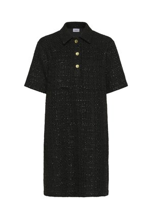 Rochie neagră cu mânecă scurtă dintr-un material texturat, având guler și trei butoane aurii în față. Croială dreaptă, fără modele vizibile.