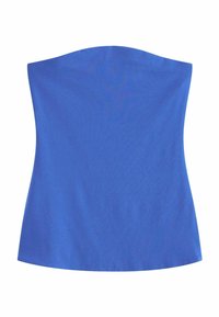 Modrá bezramienková blúzka, hladká tkanina, priliehavý dizajn, jemný lesk, zaoblený výstrih, čisté línie, bez vzorov a kovových doplnkov.