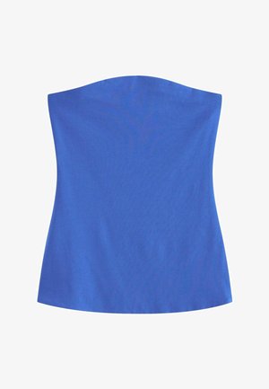 Top sin tirantes azul, tejido suave, diseño ajustado, brillo sutil, escote curvado, líneas limpias, sin estampados ni herrajes.