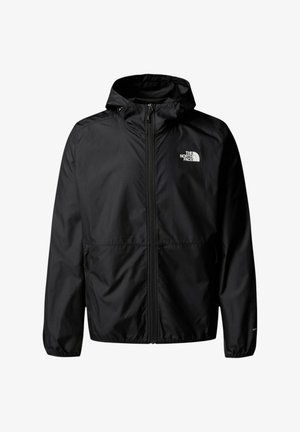 Giacca a vento nera realizzata in tessuto leggero e liscio, con cappuccio, chiusura frontale con zip e un piccolo logo bianco sulla parte superiore sinistra.