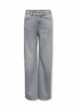 Grå jeans med høj talje og vide ben med forlommer, bæltestropper, knaplukning og subtilt hvidt plettet mønster på stoffet.