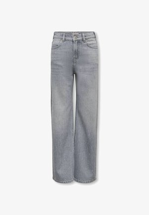 Grijze high-waist wijde jeans met voorzakken, riemlussen, knoopsluiting en een subtiel wit gespikkeld patroon op de stof.