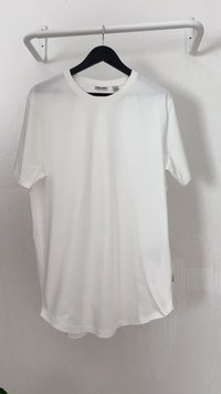 White short-sleeved t-shirt on a black hanger. Round neckline, smooth texture, lightweight fabric, and a subtle sheen.