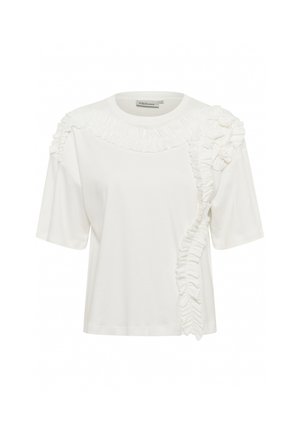 Witte t-shirt gemaakt van katoen met korte mouwen. Kenmerkt zich door ruches langs de halslijn en de rechterzijde voor extra textuur.