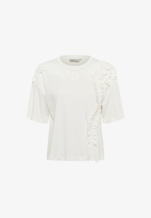 Witte t-shirt gemaakt van katoen met korte mouwen. Kenmerkt zich door ruches langs de halslijn en de rechterzijde voor extra textuur.