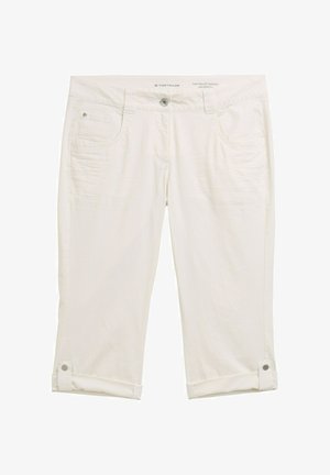 Fehér, 3/4 hosszú nadrág enyhén texturált anyagból. Elülső zsebekkel, gombos záródással és patentos felgördített szárakkal rendelkezik.