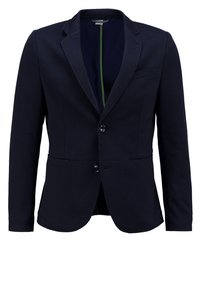 Navy blazer made of soft fabric, featuring a single button closure, notched lapels, one chest pocket, and green inner lining.