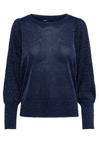Marineblauer Langarmpullover mit schimmernder Textur, gerippten Bündchen und Saum sowie leicht gepufften Ärmeln.