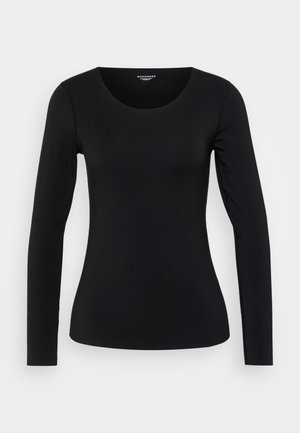 Black long-sleeve fitted shirt with round neck, smooth texture, and no visible patterns against a plain light background.