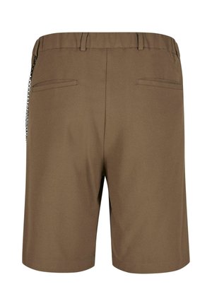 Pantaloncini marroni con tessuto liscio, fronte piatto e due tasche posteriori con una texture sottile e vestibilità comoda.