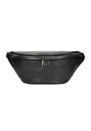 Marsupio in pelle nera con finitura texture, chiusura a zip e dettagli in metallo argentato. Forma slim e arrotondata con logo impresso.