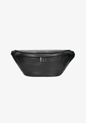 Marsupio in pelle nera con finitura texture, chiusura a zip e dettagli in metallo argentato. Forma slim e arrotondata con logo impresso.