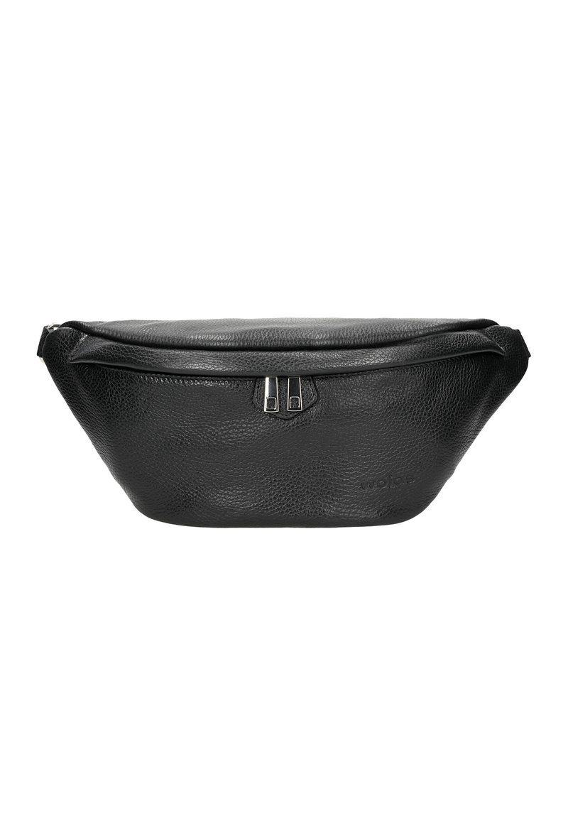 Černá kožená ledvinka s texturovaným povrchem, zipovým uzávěrem a stříbrnými kovovými detaily. Úzký, zaoblený tvar s raženým logem.