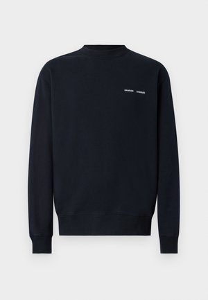 Donkerblauwe sweatshirt van katoen. Heeft een ronde hals, lange mouwen en twee kleine witte merknamen op de bovenste linkerkant van de borst.