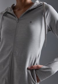 Siva.zip-jakna od mekog materijala, s dugim rukavima, kapuljačom s uže i bočnim dzepovima s suptilnim detaljima šavova.
