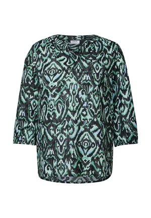 Lässig geschnittenes Oberteil mit dreiviertel Ärmeln in Schwarz mit einem grünen und blauen abstrakten Muster. Der Stoff hat eine strukturierte Oberfläche.