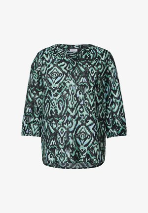 Blusa holgada de manga tres cuartos en negro con un patrón abstracto en verde y azul. La tela tiene una apariencia texturizada.