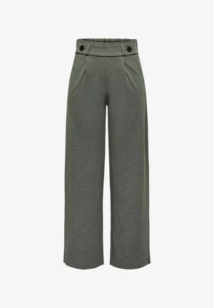High-waisted wide-leg pants in olive green fabric with buttoned tab detailing at the waistband and front pleats.