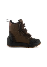 Bruna högstövlar med strukturerad yta, dubbla velcroremmar, gummikappa vid tån och en robust yttersula med greppkanaler.