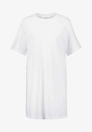 Bílé bavlněné šaty ve tvaru trička s krátkými rukávy, kulatým výstřihem a rovnou siluetou. Měkká textura, ležérní design, žádné viditelné vzory.
