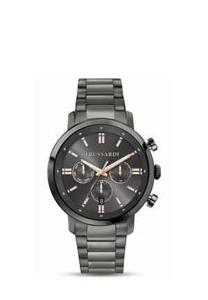 Schwarze Metallarmbanduhr mit Gliederarmband, rundem Zifferblatt, drei Hilfszifferblättern, Datumsfenster sowie goldfarbenen Stundenmarkierungen und Zeigern, Marke Trussardi.