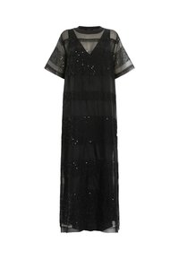 Robe maxi noire en tissu transparent, présentant des rayures horizontales de sequins, des manches courtes et un décolleté en V.